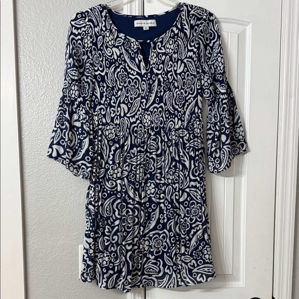 Navy and White Floral Bell Sleeve Pleater Dress